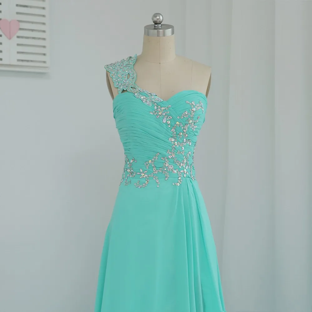 Turquoise Prom Dresses A-line One-shoulder Chiffon Beaded Slit Sexy Long Prom Gown Evening Robe De Soiree Customized