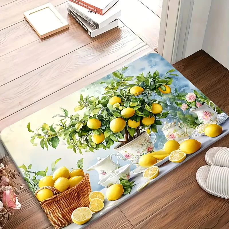 Elegant Lemon Leaf Border Doormat Non Slip Entry Rug Fresh Citrus Floral Pattern Floor Mat Indoor Kitchen Porch Home Decor