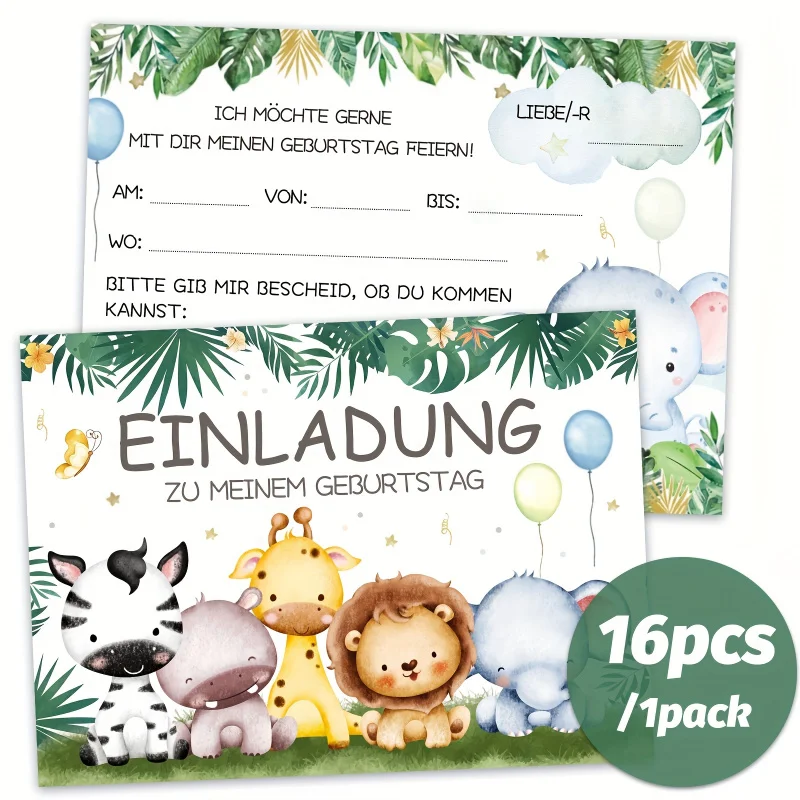16 Stk. Bezaubernde Tierwelt-Einladungskarten zum Geburtstag – farbenfrohe Tier-Highlights, Party-Einladungen mit Dschungel