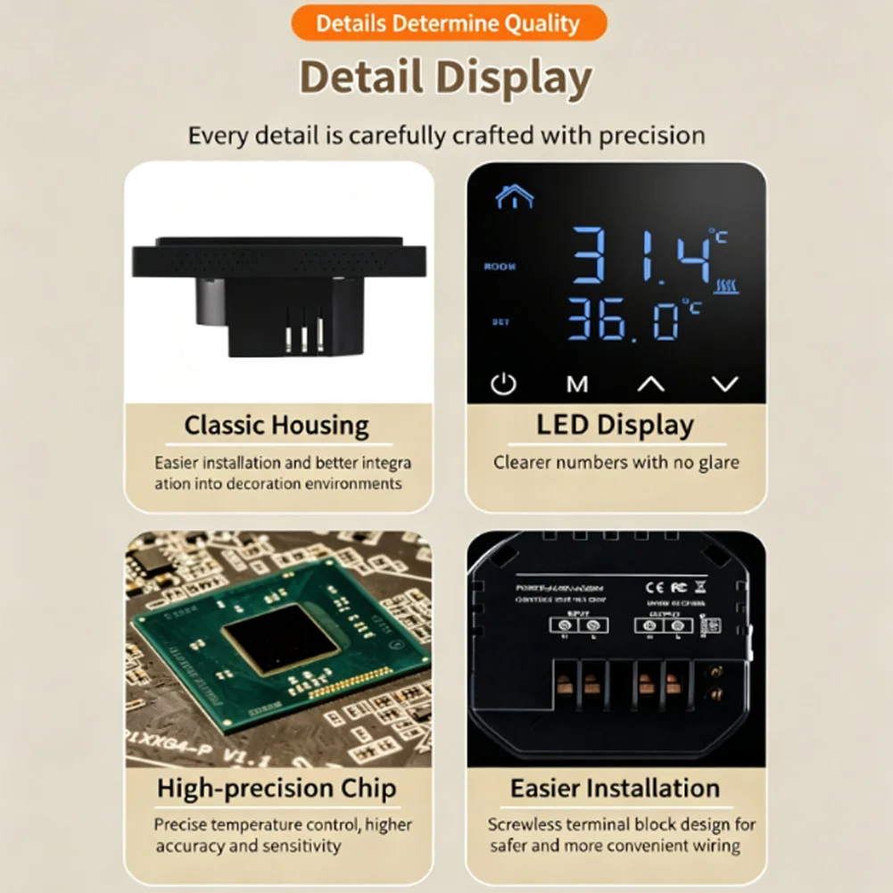 Smart Floor Heating Controller MH1828A Compatible with Electric Heating Mats Cables LED Screen Power Failure Memory Function
