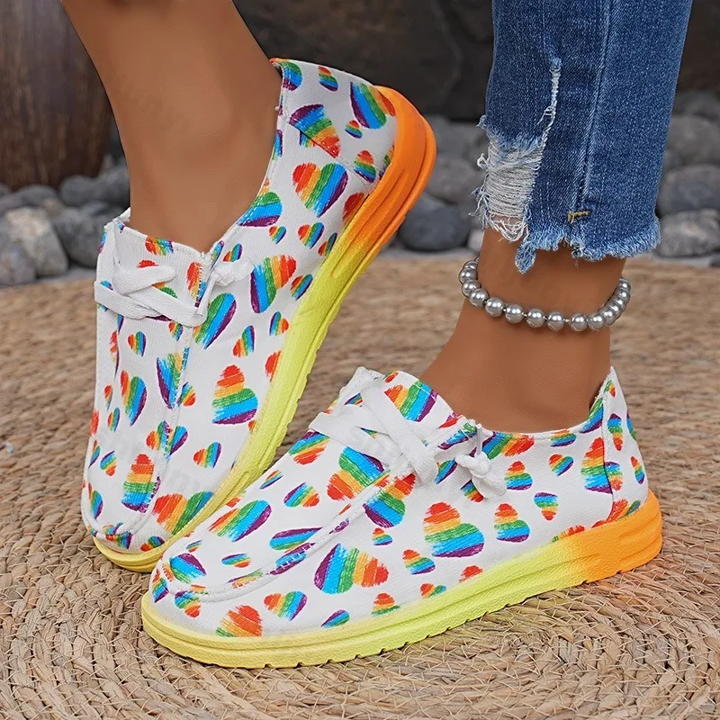 

2025 женская парусиновая обувь с граффити и радугой, осенние новые повседневные женские туфли на плоской подошве с круглым носком, разноцветные кроссовки на шнуровке с принтом