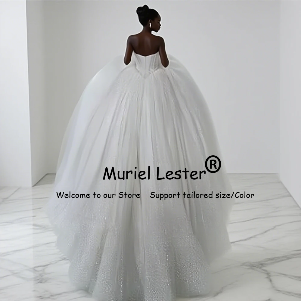 Sparkling Sequins Tulle Strapless Wedding Gowns For Bride Customized Lace-Up Crystals Beading A Line Bridal Dress Robe De Mariee