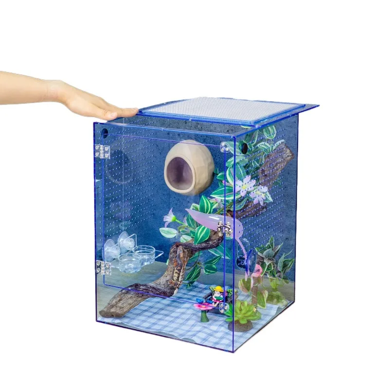 

Colorful acrylic chameleon feeding box for gecko,giant tree snake,and tree frog,transparent tank with unique design,portable