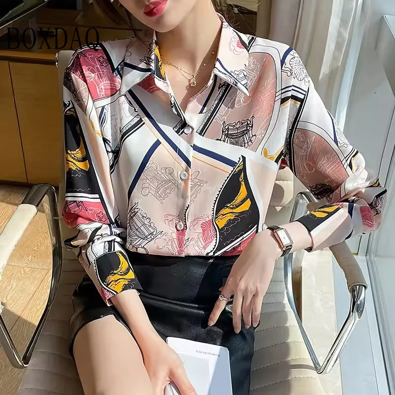 Fashion Woman Blouses 2025 Autumn Shirts For Women Abstract Striped Basic Womens Tops Luxury Women's Lapel Blouses Print Elegant - Image 6
