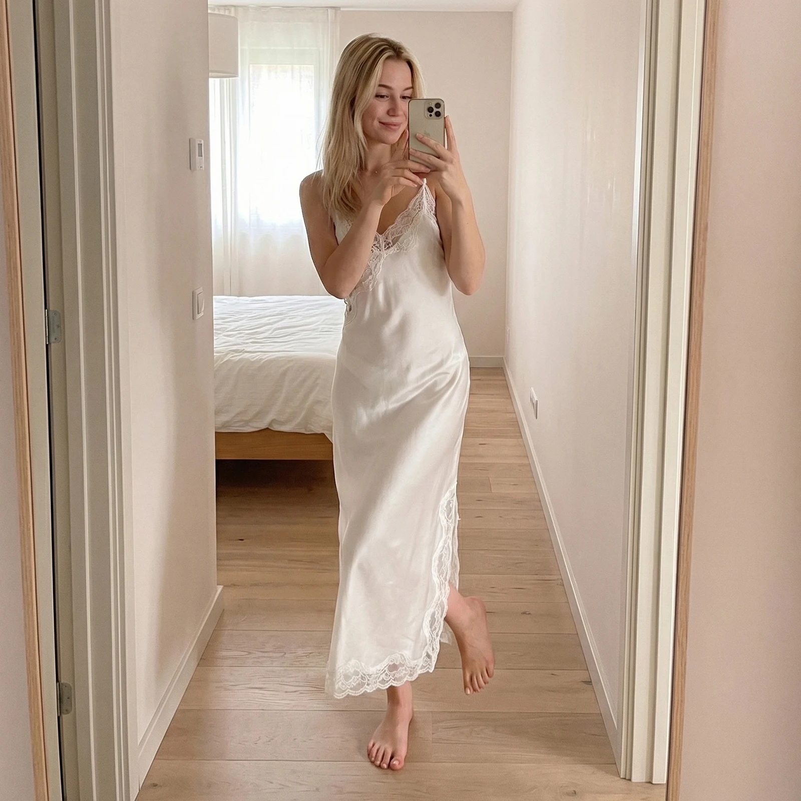 HEZIOWYUN Women Sheer Floral Lace Patchwork Nightdress Sleeveless V-Neck Shoulder Strap Backless Side Slit Silk Loungewear Dress