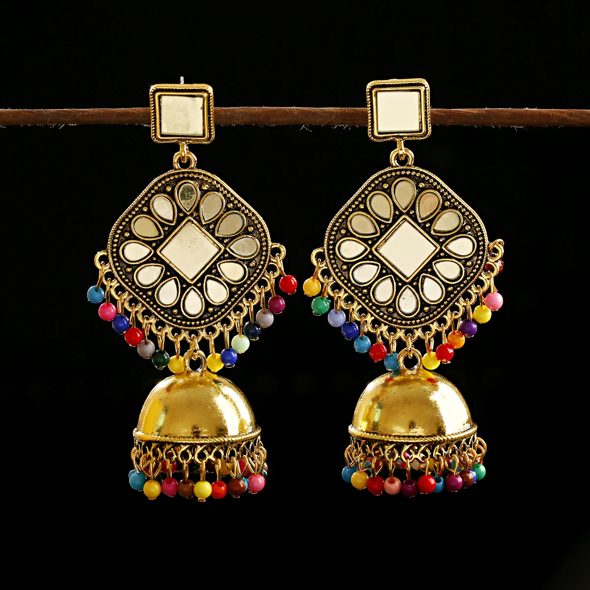 Vintage Gold Color Bells Tassel Indian Jewelry Gypsy Earrings Female Boho Colorful Beads Bollywood Oxidized Tassel Dangle Jhumka