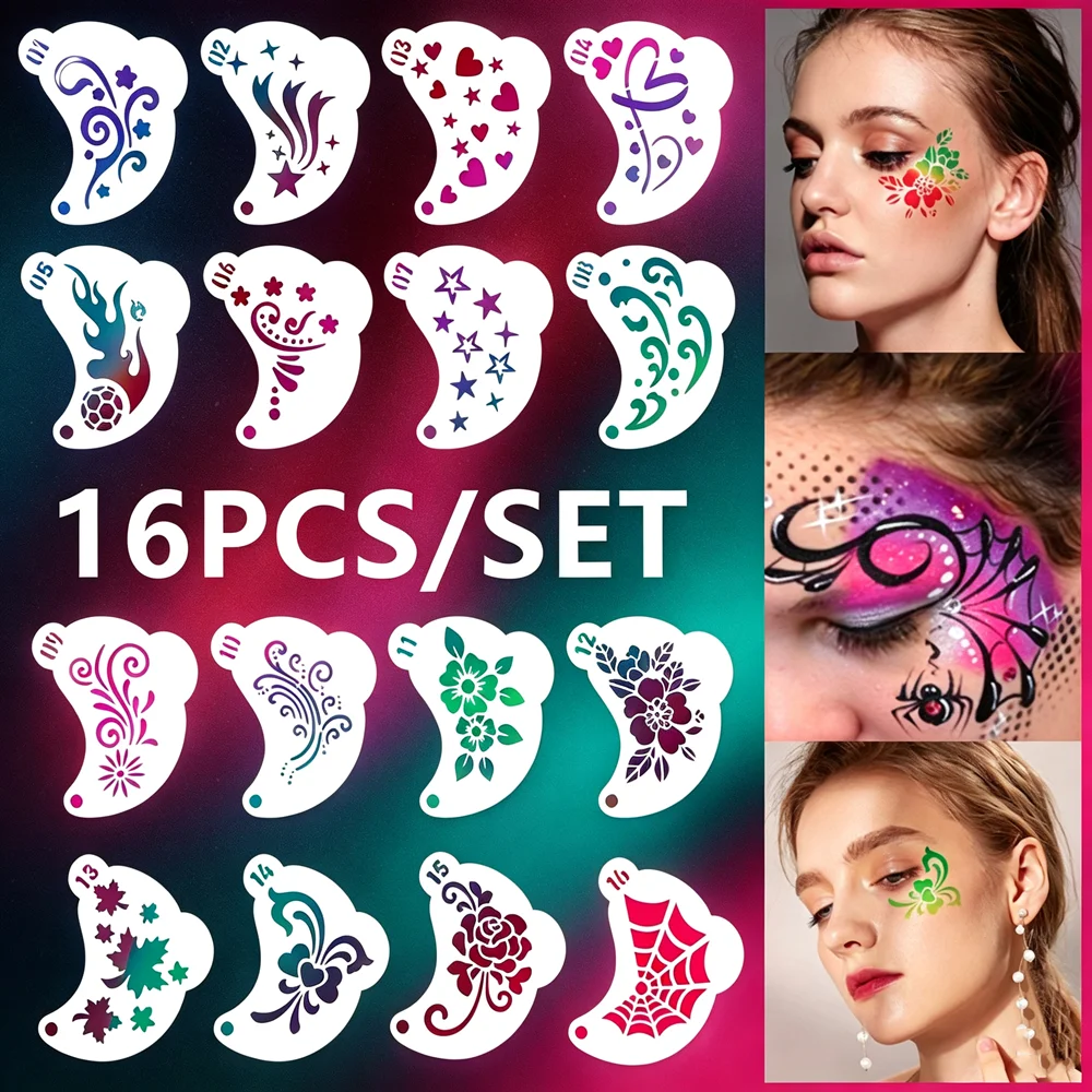 16Pcs Face Painting Stencils Reusable Templates for Kids DIY Graffiti Art Stamps, Adult Tattoo/Stage/Halloween/Holiday Makeup