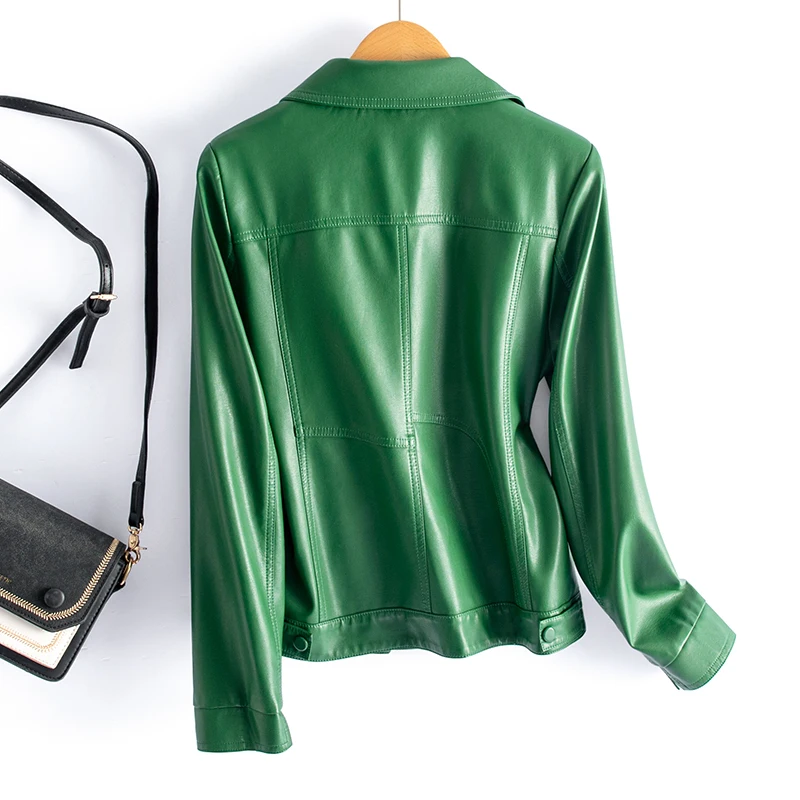 Spring Autumn 2025 Women's Fashion Slim Fit Sheepskin Leather Jacket Short Style Korean Version Commute Style Splicing Design