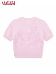 Tangada Women 2023 Pink Embroidery Knitted Sweater Jumper Short Sleeve Female Crop Pullovers 3H769