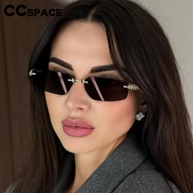 نظارات شمسية بدون إطار بمسامير مربعة للنساء، نظارات شمسية عصرية بإطار معدني مستطيل الشكل ذات ملمس متقدم