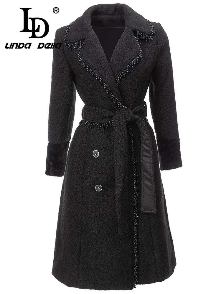 LD LINDA DELLA 2023 winter Designer Casual Coat Women\'s Splice Long Sleeve Extravagant Beading Lacing waist Button warm Coat