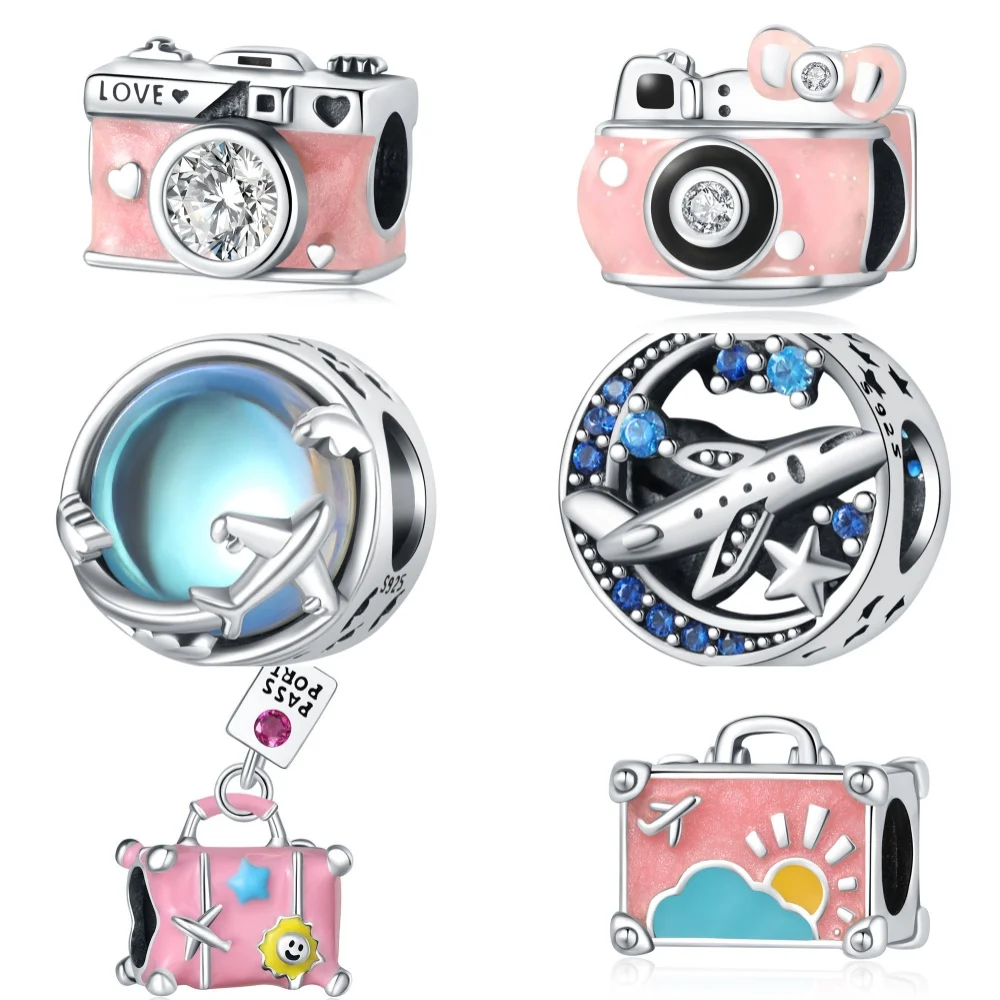 Genuine 925 Sterling Silver Camera Luggage For Travel Series Charms Pendant Fit Bracelet Beads Fine Birthday Gifts Accessories