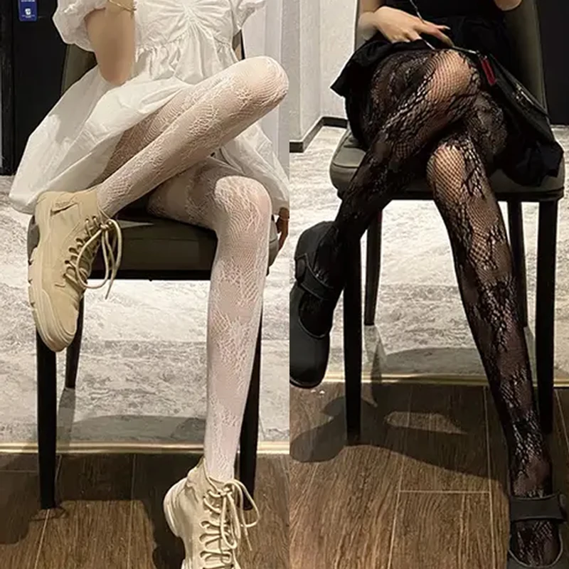 Sexy Hollowed Lace Mesh Stockings Bottomed Pantyhose Classic Lolita Fishnet Women Netting Gothic Punk Retro Spider Web Tights