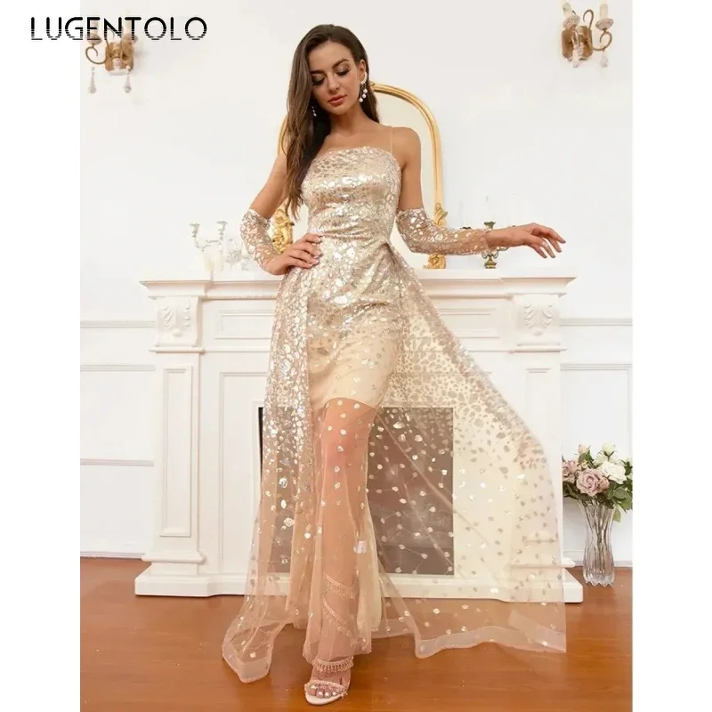 

Women Party Dress Sexy Sleeveless Breast Wrap Sequins New Elegant Empire Ladies Mesh Big Swing Dinner Maxi Clothing