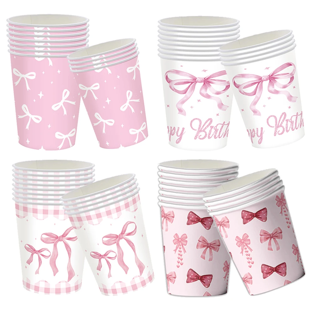 10/20/30/40/50/60 Pcs Pink Bow Disposable Paper Cups Pink White Drinking Cups Wedding Birthday Baby Shower Bow Party Supplies