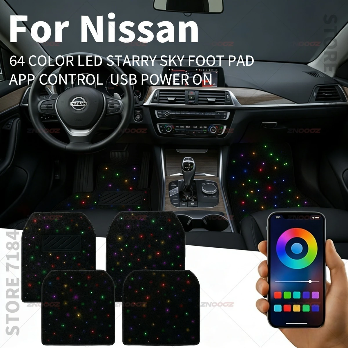 For Nissan Sylphy Murano Armada Navara X-Trail Qashqai Frontier Pathfinder Versa USB Car LED Starry Sky Foot Mat DIY Can Be Cut