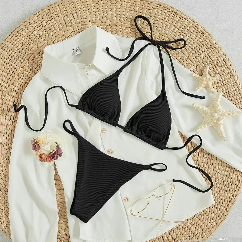 2024 Special Pit Stripe Fabric Bikini Set Women Sexy Simple Solid Halter Bikini Swimsuit High Waisted Lace Up Beach Bathing Suit