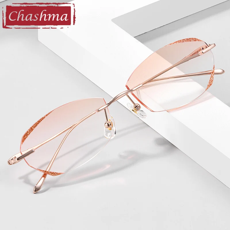 Chashma Elegant Rimless Eyeglasses Titanium Fashion Female Eye Glasses Diamond Cut Spectacle Frames Women Sunglasses Tint Lens