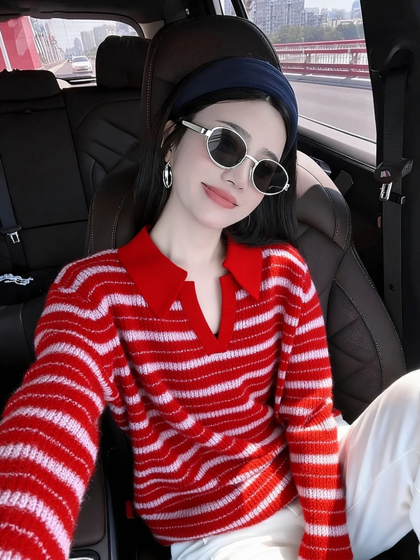 

Женский вязаный свитер Ele с длинными рукавами, в полоску, с воротником, в стиле lazy, зимний, модный, повседневный, комфортный, приталенный топ