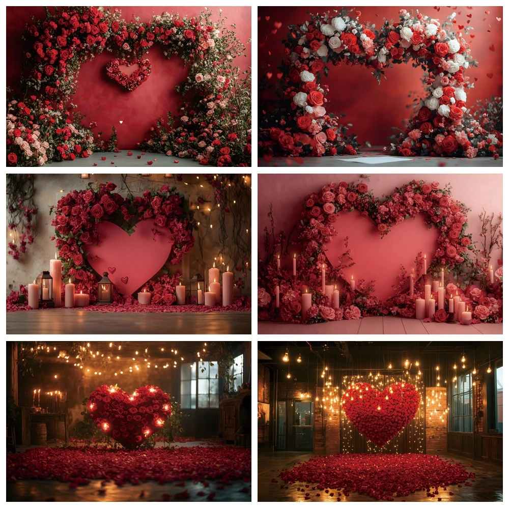 Valentine's Day Backdrop Red Love Heart Rose Flowers February 14th Valentine Wedding Party Couple Photography Background Decor