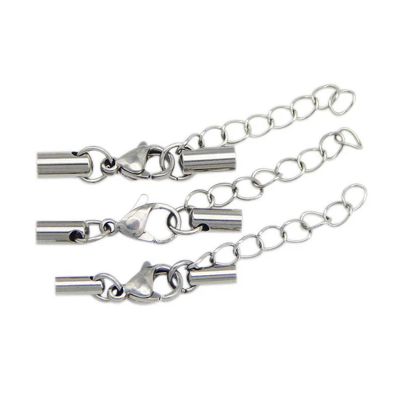 5pcs/lot Hole 1-6mm Stainless Steel Round Leather Cord Ends Cap With Lobster Clasp Buckle and Extender Diy Jewelry Connectors B