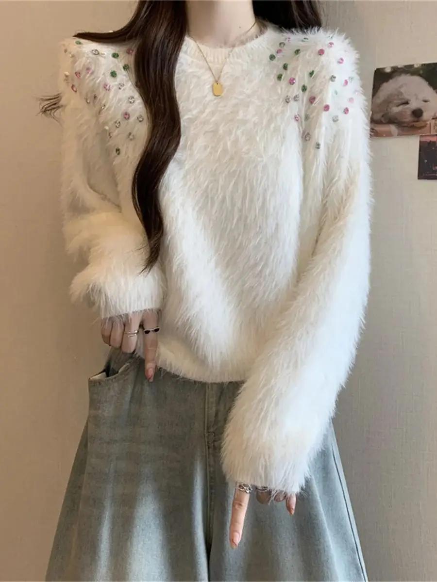 

Роскошный вязаный свитер из норкового флиса с бриллиантами для женщин, стильный многослойный свитер, свободные вязаные короткие топы, новинка осени/зимы