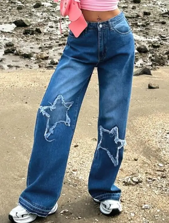 

Loose Women's Jeans Summer New Style with Pentagram Tassel Decoration Fashionable and Trendy Street Versatile Straight Leg Jeans