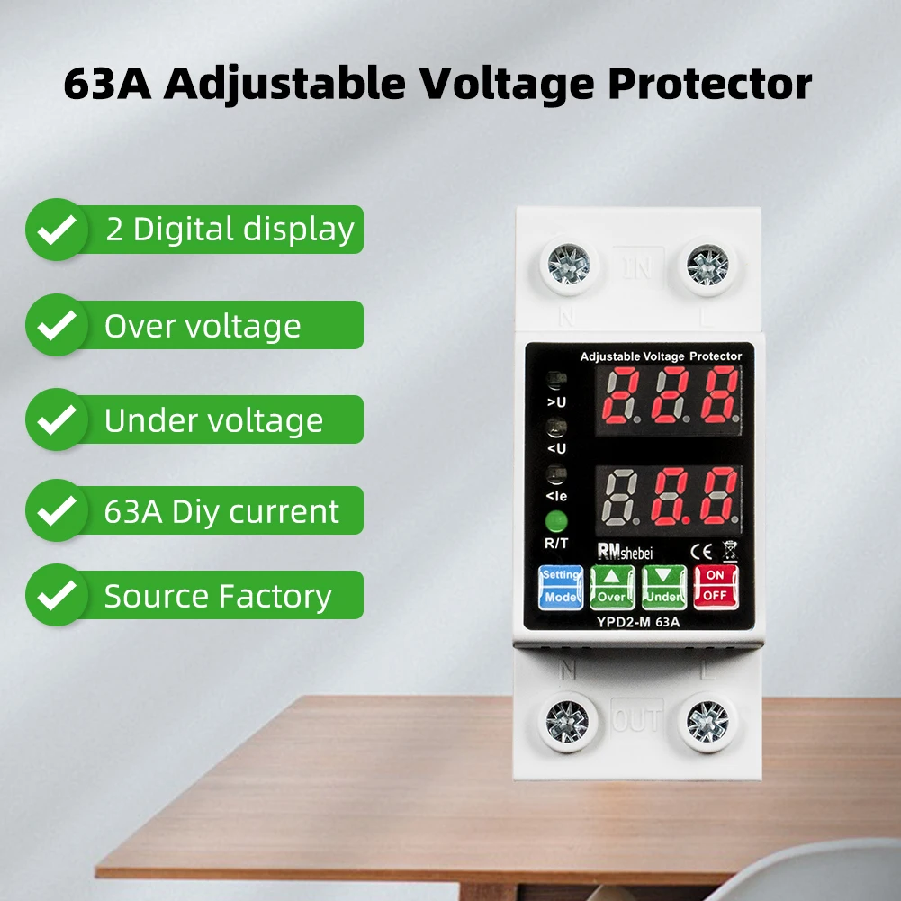 RMshebei 63A Dual Digital Display Circuit Breaker 220V over under Voltage Protector Moulded Case with 6ka Breaking Capacity