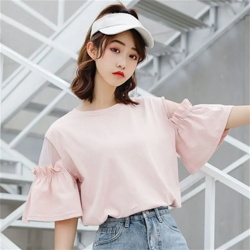 

Sweet O-Neck Gauze Spliced Ruffles Flare Sleeve T-Shirts Female Clothing 2024 Summer New Loose Young Style Tops Casual Tee Shirt
