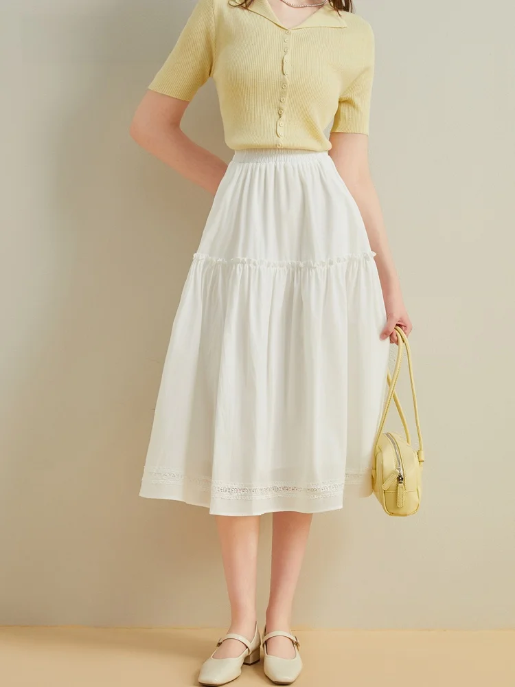 

Jum Cake White Fairy Beginner's Skirt Lace Splicing Hollow out A-Line Skirt High Waist Cotton Blend Nylon Spandex