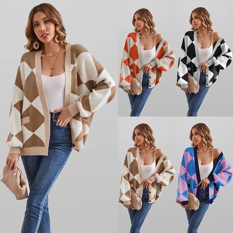 

Women Sweater V-neck Geometric Patchwork Contrast Knitted Cardigan Casual Loose Coat Knit Long Sleeve Open Front Cardigan