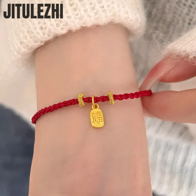 18k Gold Bracelet for Women Chinese Lucky Charm Pendant Red Rope Handwoven Lucky Bracelet Adjustable Size White Jade Beads