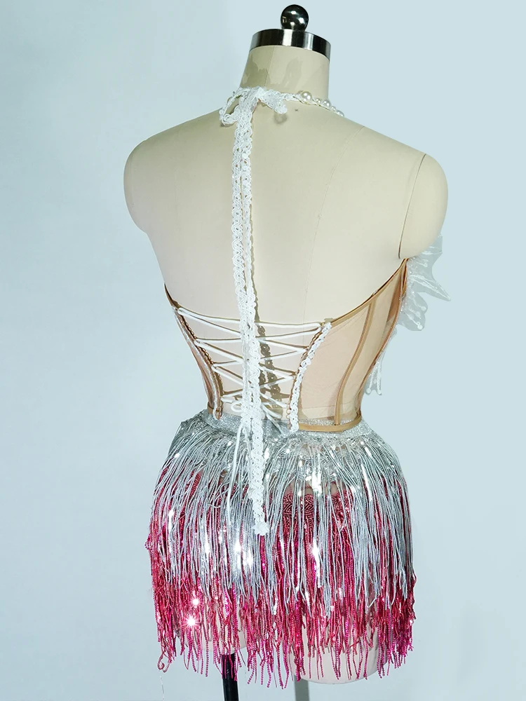 드래그 퀸 카바레 공연 의상 진주 태슬 투피스 세트 여성 컨투어 가운 전문 무대 나이트클럽 생일 글로우