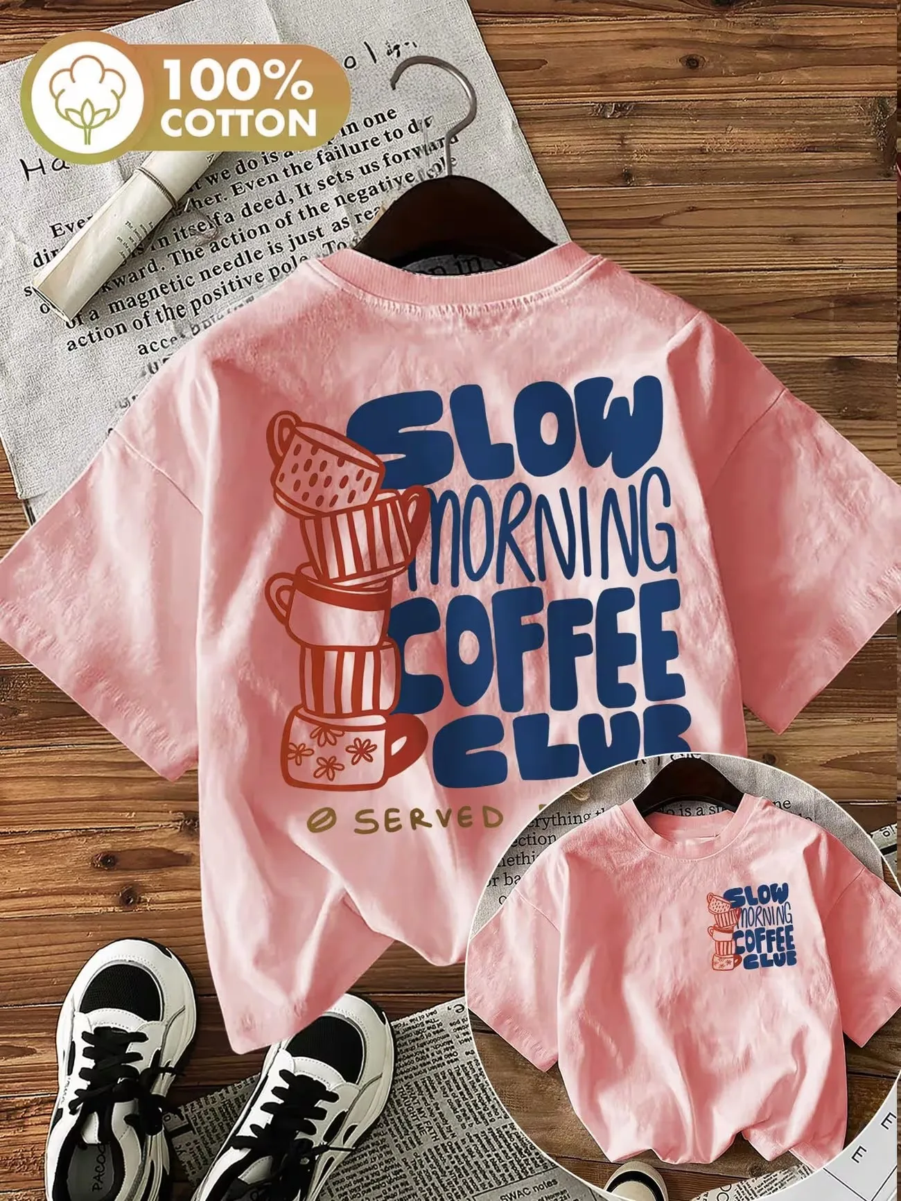 Grafisches Kaffeeliebhaber-T-Shirt für Damen mit Retro-Print, 100% Baumwolle, Harajuku-Stil, Rundhalsausschnitt, Kurzarm-Oberteil, Vintage-Shirt – Detail 5