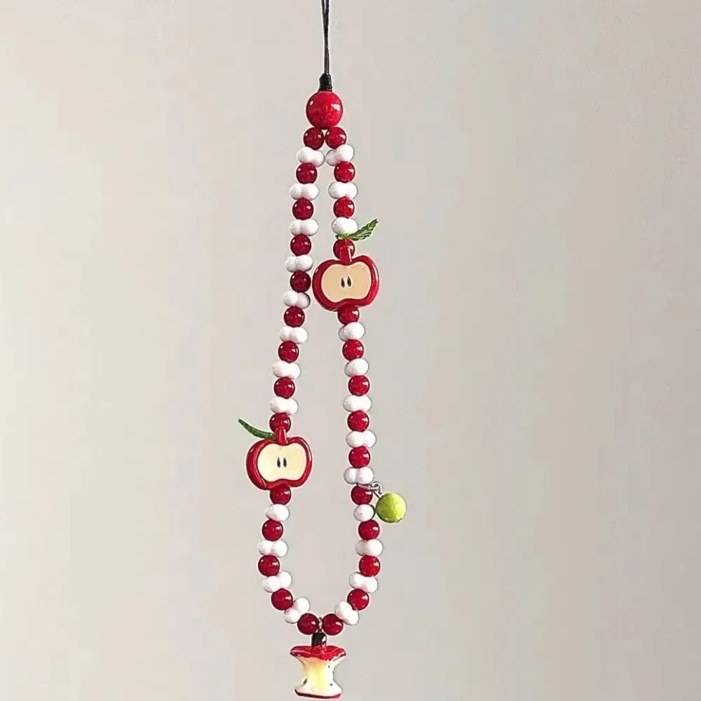 

For Phone Airpods Earphones Ins New Phone Lanyard Cute Kawaii White Red Bead Handmade Strap with Fruit Charms Pendant