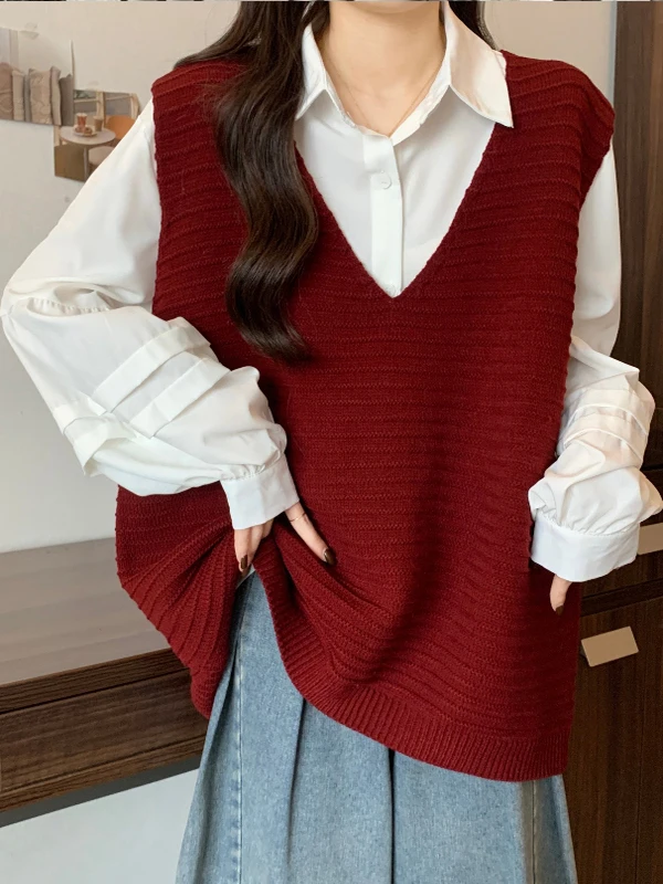 V-Neck Knitted Sweater Vest Women's Spring Autumn Red Outerwear Loose Fitting Knitwear Casual Comfortable Polyester Blend