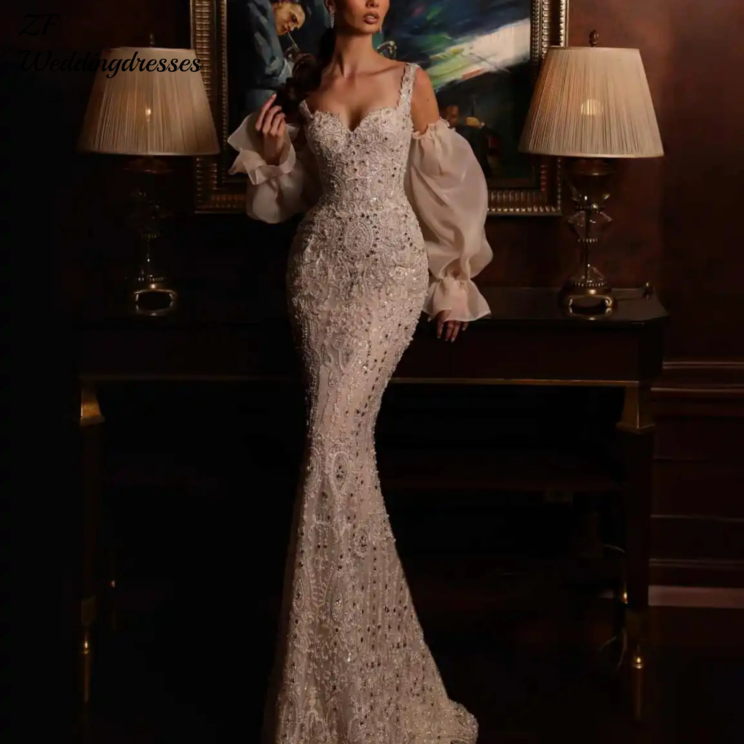 Robes De mariée personnalisées en perles exquises, avec traîne détachable, manches bouffantes, robe De mariée pour femmes