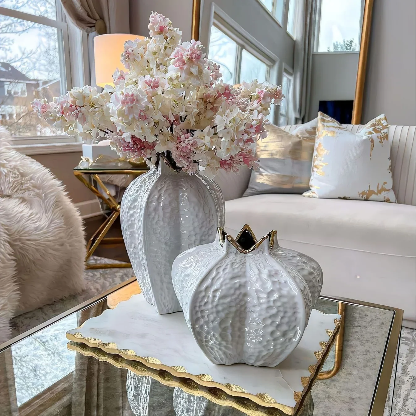 Ceramic Vase Pomegranate Shape Gold-plated Vase Artificial Flowers Decorative Flower Arrangement Desk Decor Crafts Floral Vases