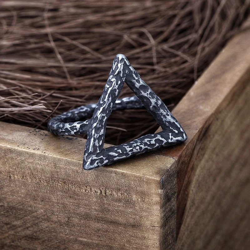 Fire Symbol Esoteric Wicca Triangle Ring Viking Punk Gothic Antique Simple Male Anel For Men Rock Bikers Jewelry Man Gift