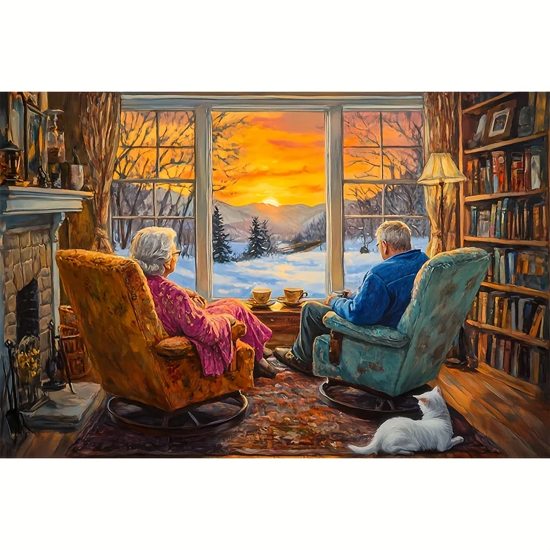 Mini puzzle da 1000 pezzi - Winter Hearth Harmony Art 38x26 cm, scena accogliente del soggiorno con coppia di anziani e gatti