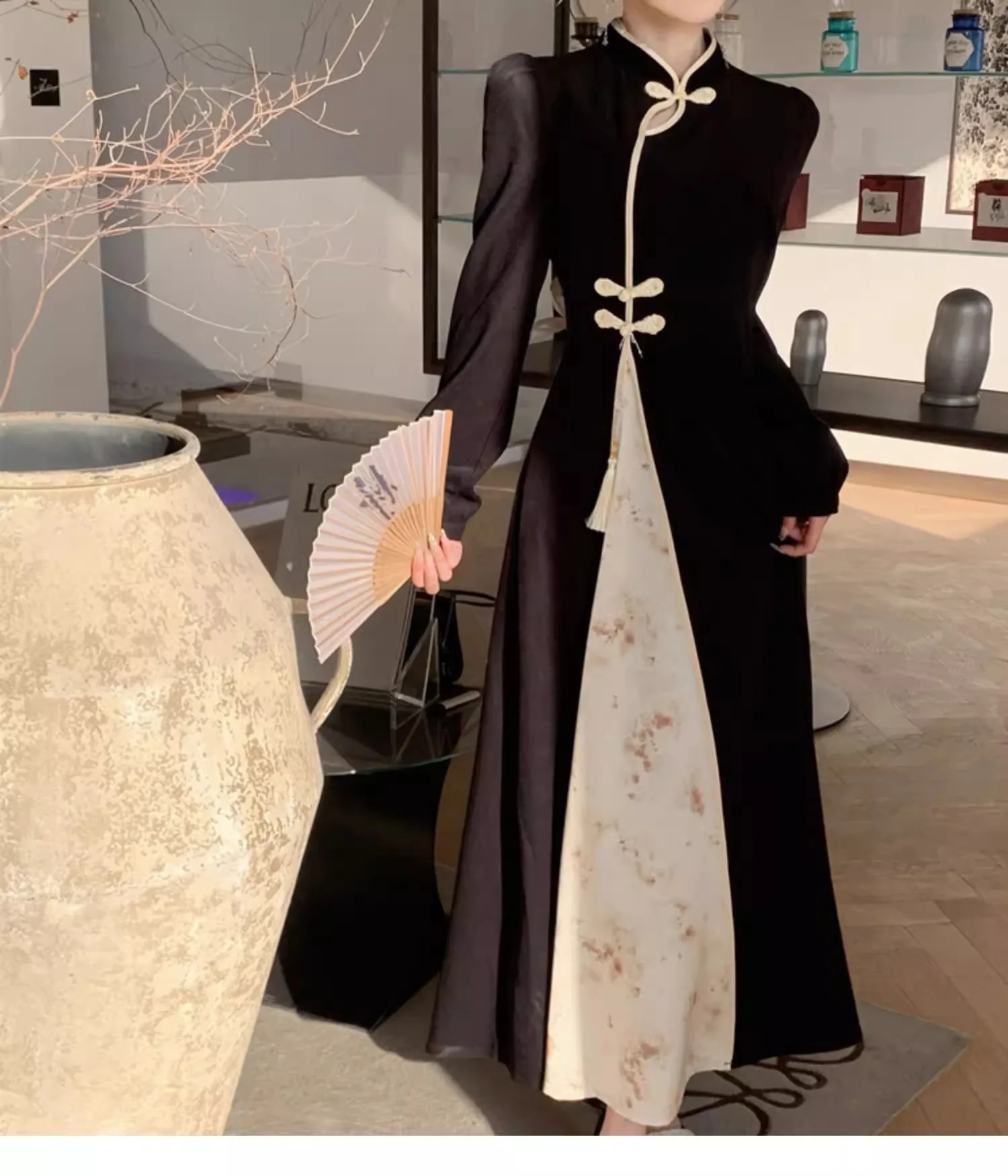 Chinese Style National Style New Year Battle Robe Button Modified Qipao Long Dress Women Dark Pattern Fashion Long Skirt