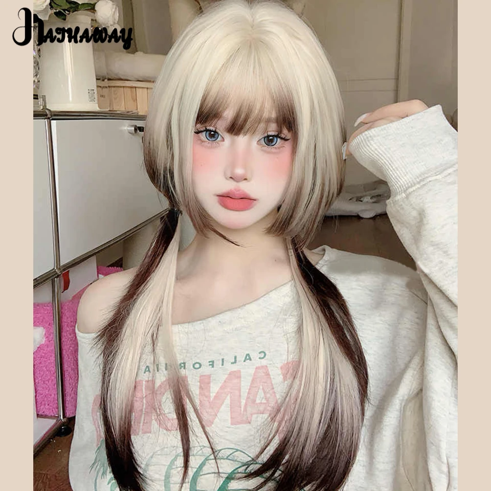 Synthetic Wig Female Gradient Siamese Cat Jellyfish Natural Fluffy Bangs New Gradient Hair Color Sweet And Cool Long Hair Wig