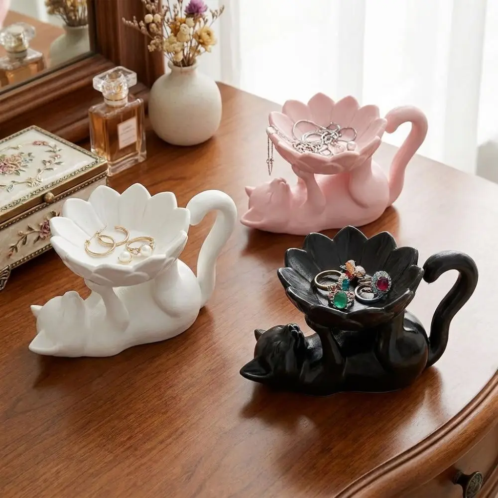 3D Printed Cat Lotus Jewelry Tray Cartoon Stable Base Lying Cat Trinket Dish Cat Holding Lotus Waterproof Key Storage Bowl