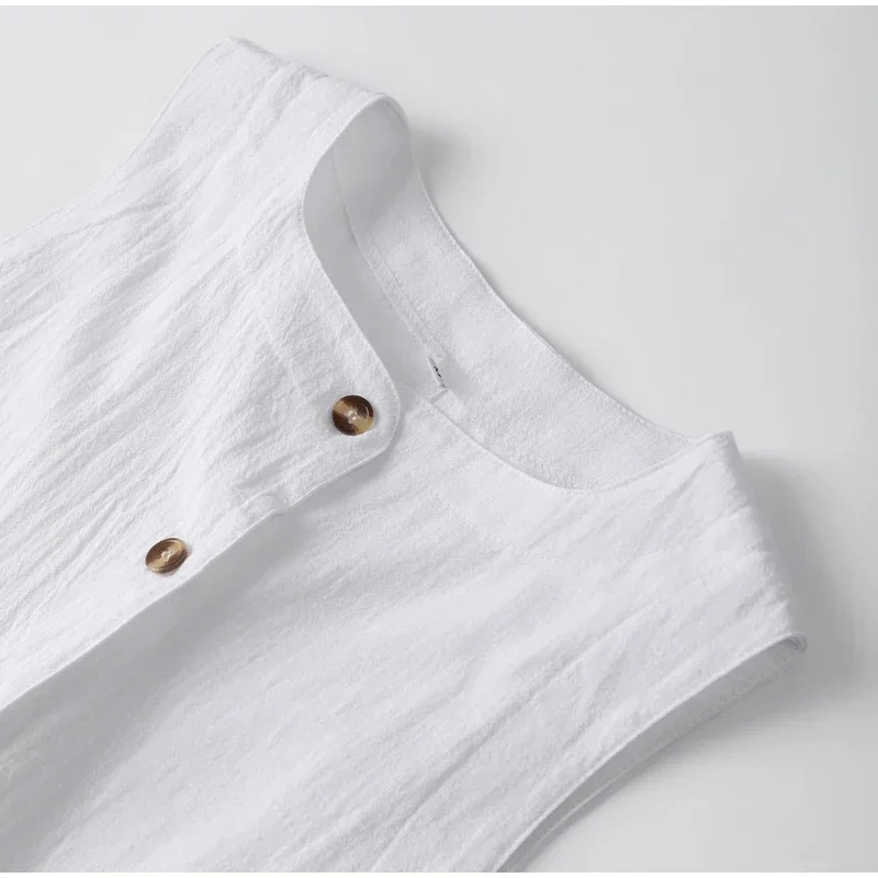 Chic Cotton Linen Long Skirt Set Women 2024 Summer Sleeveless Single Breasted Vest Top Back Split Maxi Skirts Lady 2 Piece Suits