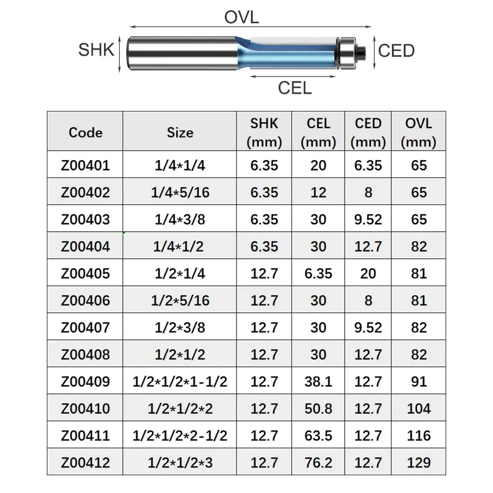 Tideway Industrial Grade Bearing Flush Trim Router Bit Lengthed Milling Bits for Woodworking Tool  1/2 1/4 Trimming CNC Cutter