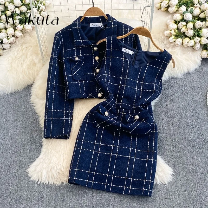 WAKUTA Korean Classic Fall/winter Small Perfume Collar Long-sleeved Tweed Jacket Fashion Waisted Hip Robe Two-piece Matching Set