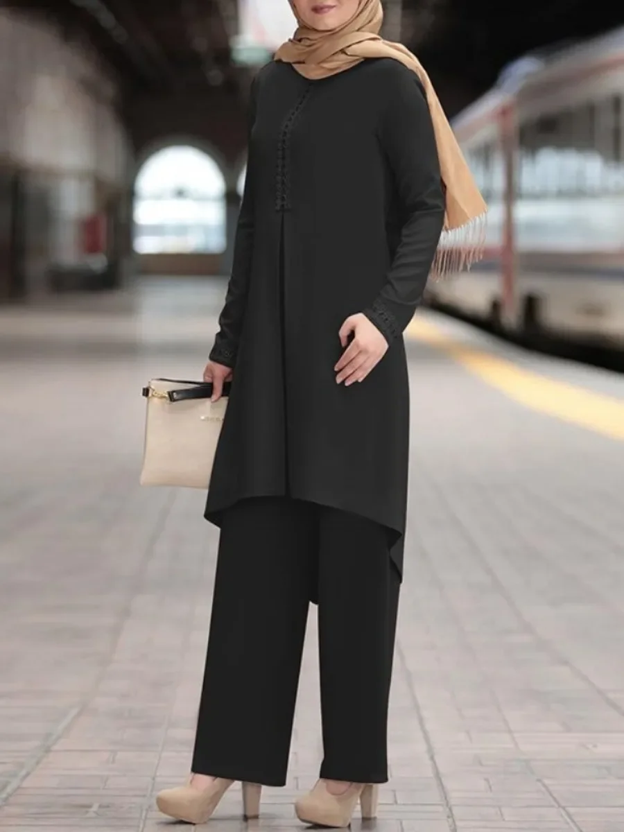 Women Two Piece Sets Shirt Pants Solid Suits Shirt Blouse Ramadan Muslim Musulman Ensembles Moroccan Kaftan Islamic Dress Sets