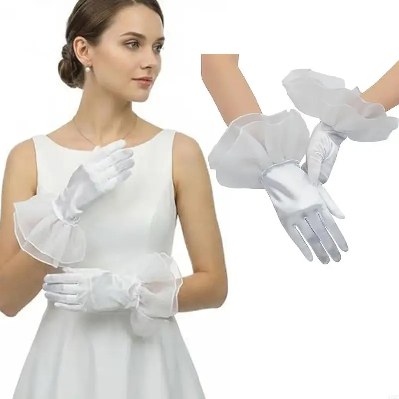 Satined Wedding Gloves with Ruffled Cuffs Design for Wedding Ceremony Reception 