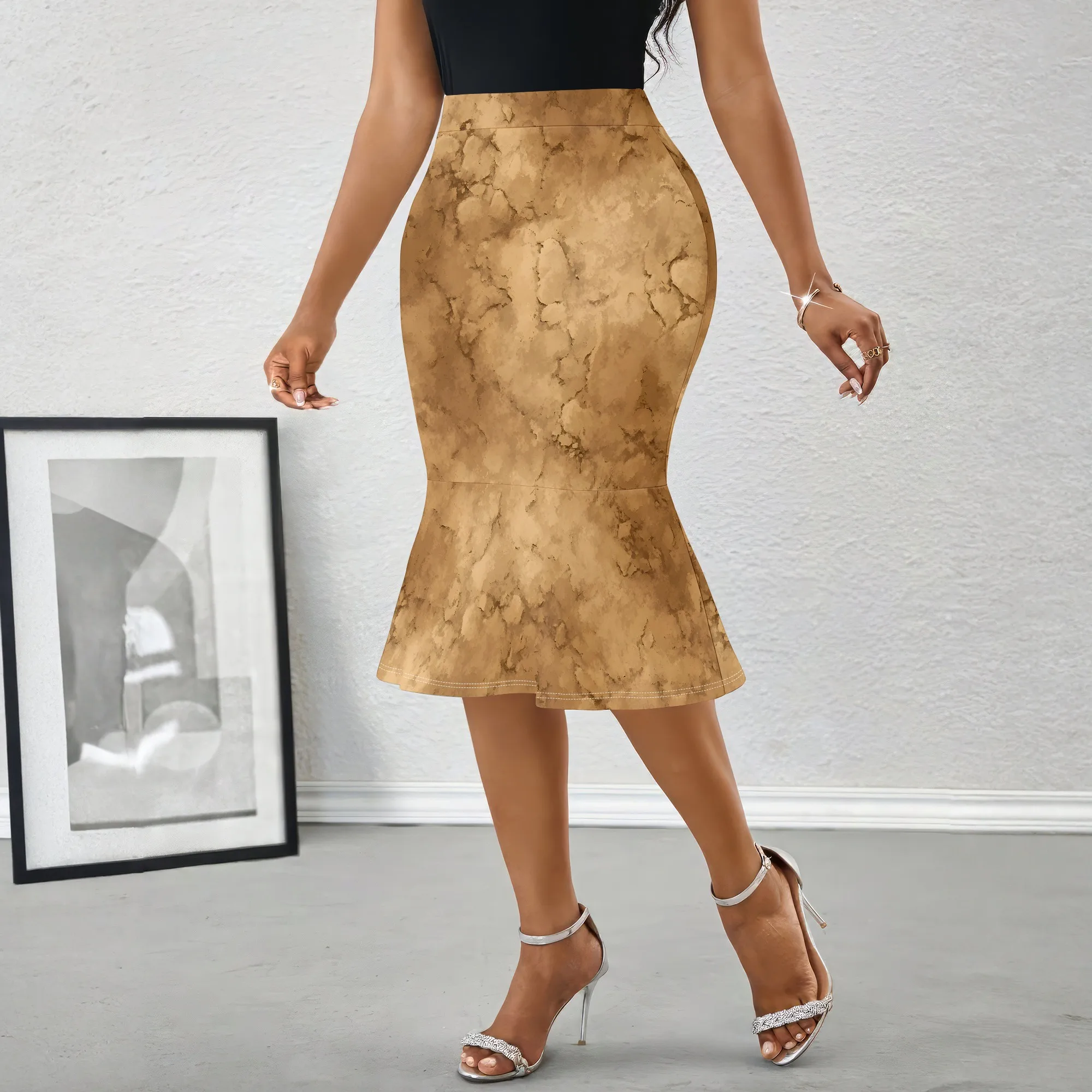Gold Marble Print Skirt, High Waist Midi Skirt, Bodycon Mermaid Skirt, Elegant Office Wear, S-2XL