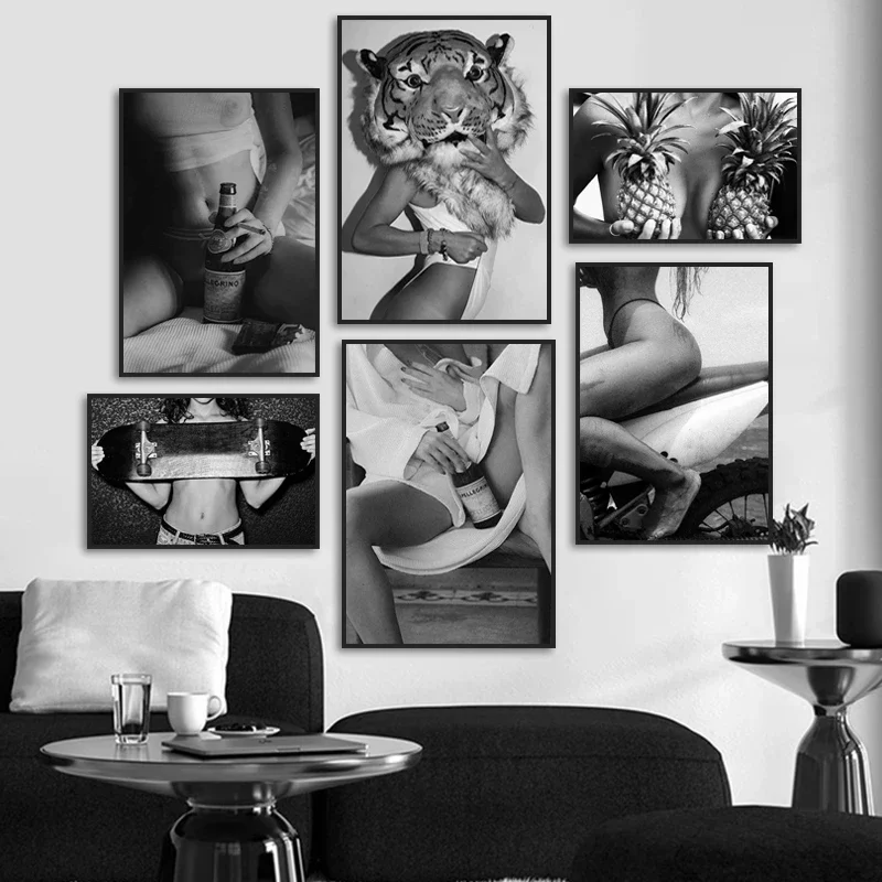 For Modern Pop Room Home Decoration Pictures Mural Sexy Women Posters Bad Girl Canvas Paintings Black and White Print Wall Art